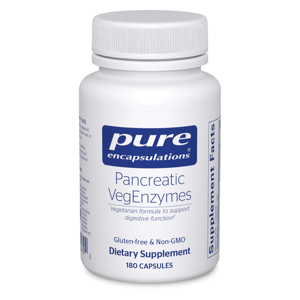 Pure Encapsulations Pancreatic VegEnzymes bottle front, allergen-free digestive support.