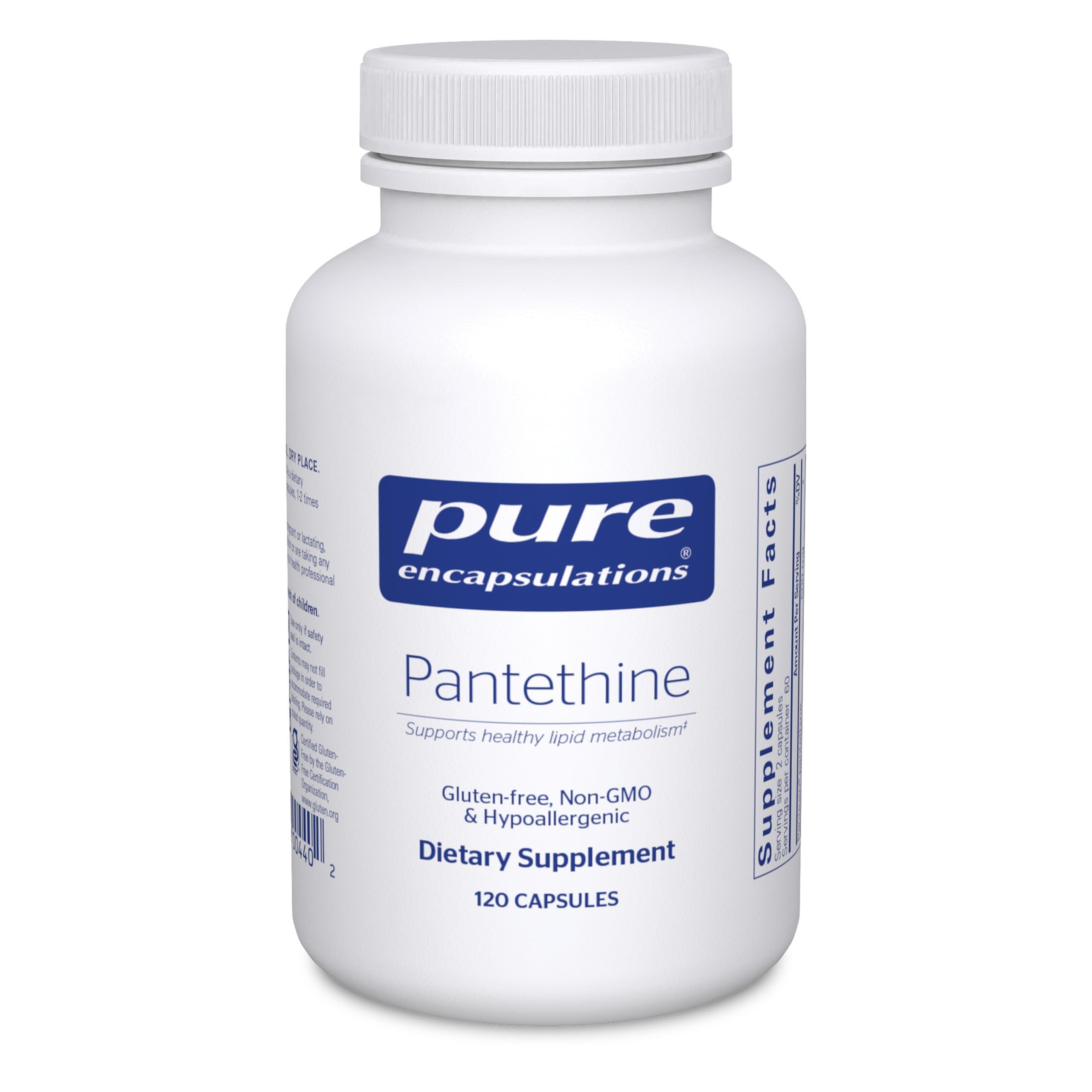 Pure Encapsulations Pantethine bottle front promoting hypoallergenic lipid metabolism support.