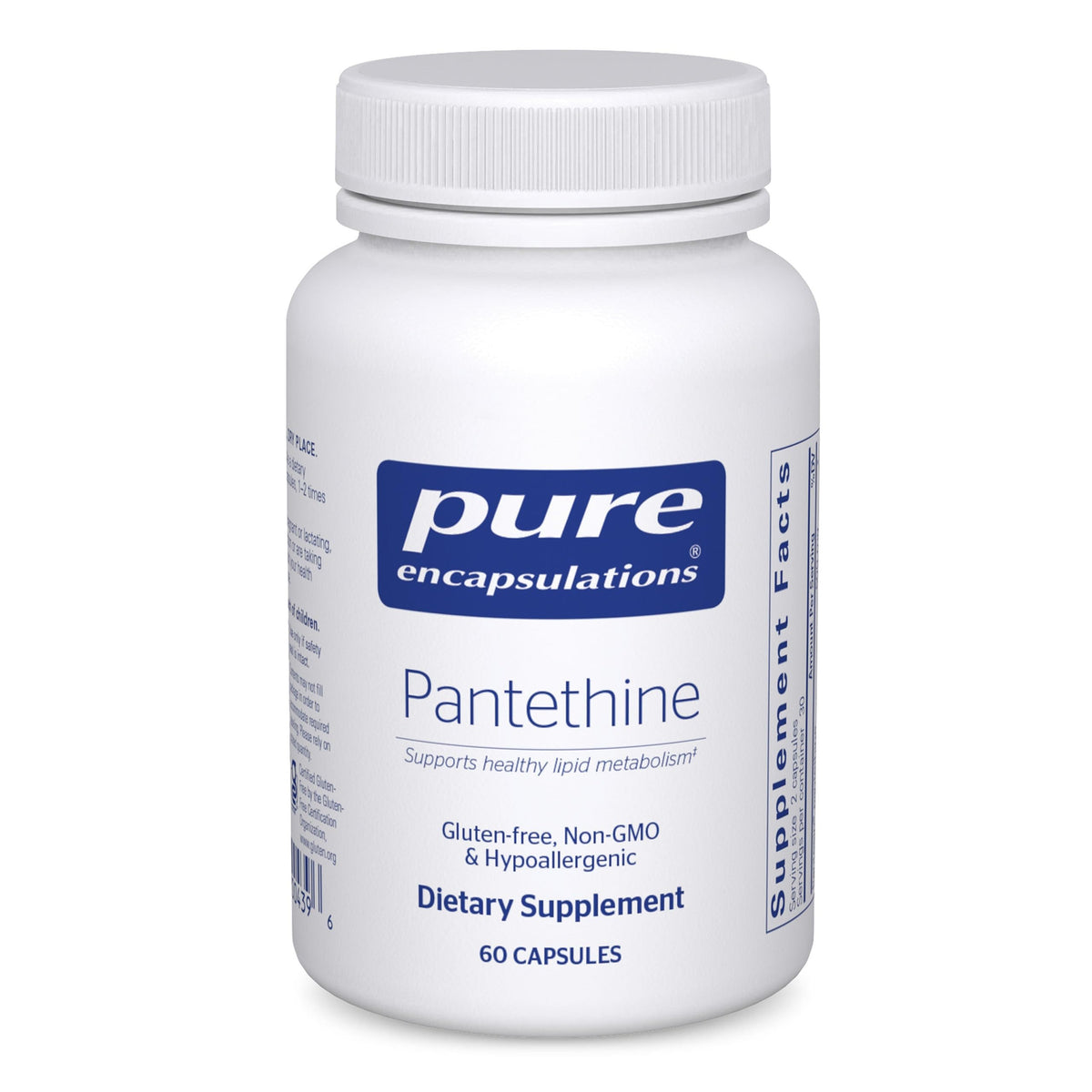 Pure Encapsulations Pantethine bottle front showing premium hypoallergenic supplement label.