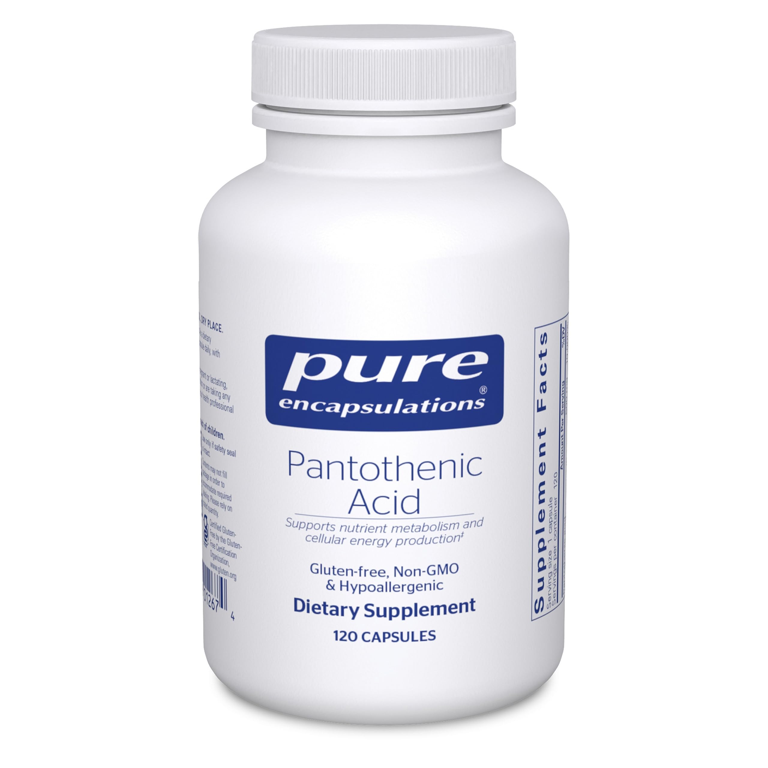 Pure Encapsulations Pantothenic Acid bottle on a clean surface supports daily energy metabolism.