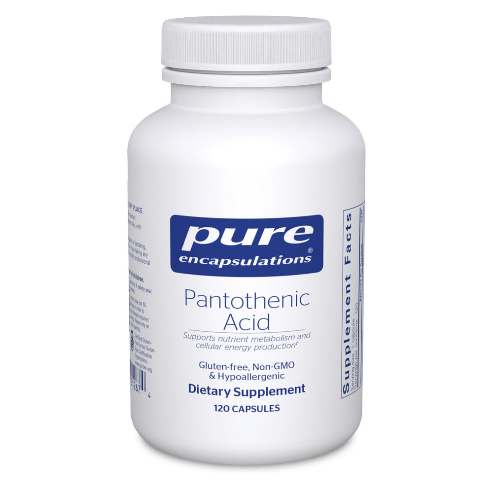 Pure Encapsulations Pantothenic Acid bottle on a clean surface supports daily energy metabolism.