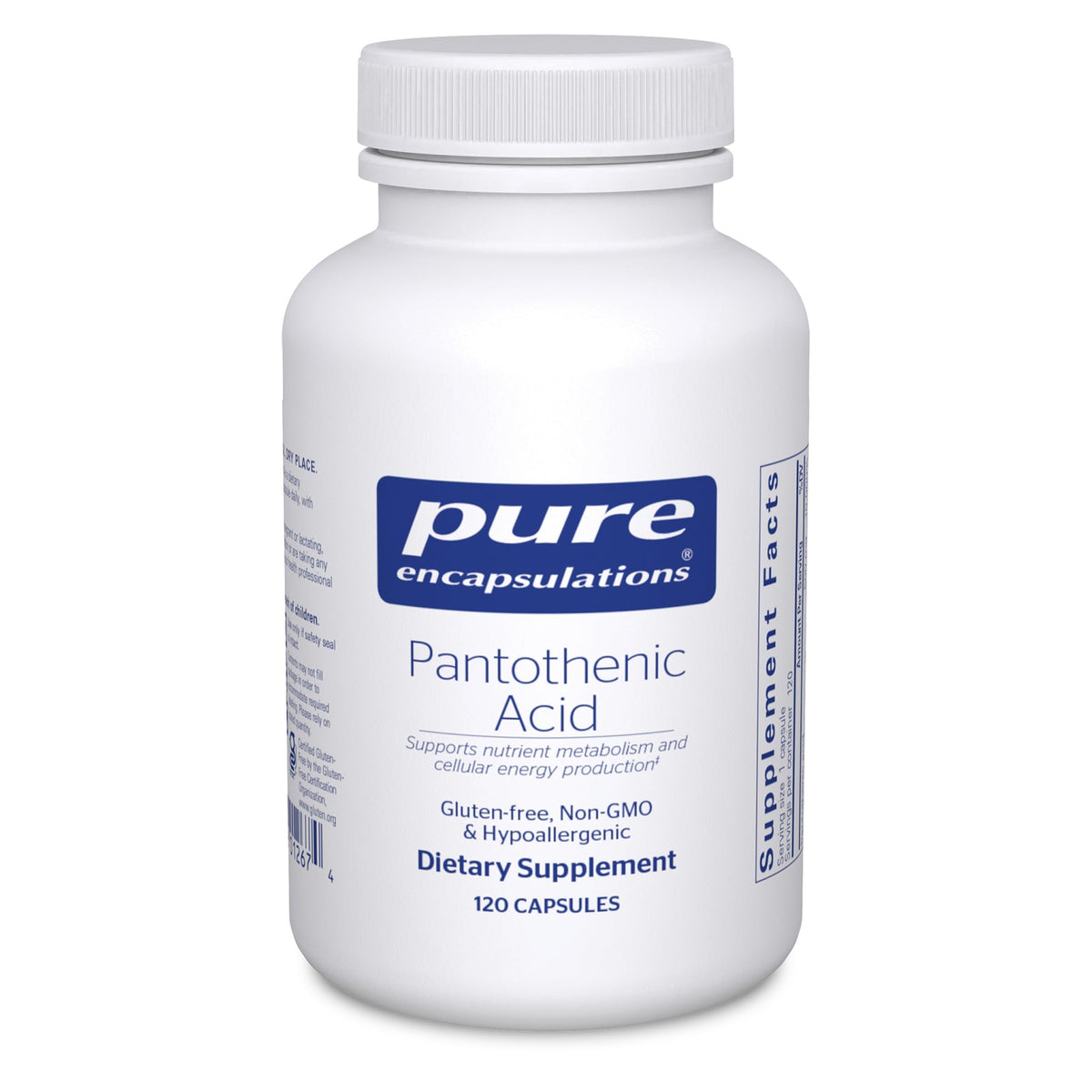 Pure Encapsulations Pantothenic Acid bottle on a clean surface supports daily energy metabolism.