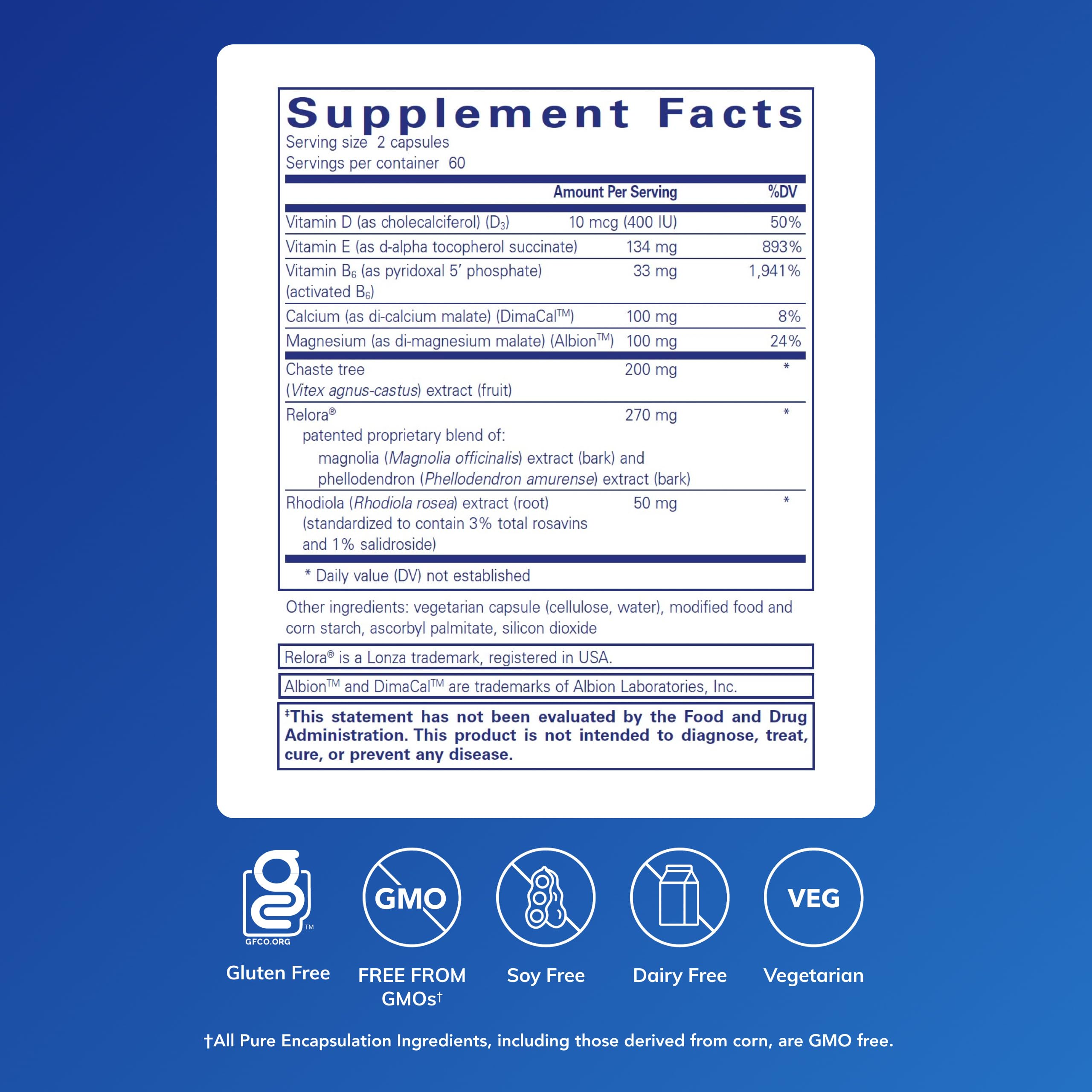 Pure Encapsulations PMS Essentials bottle back label shows allergen-free, purity-focused formula.