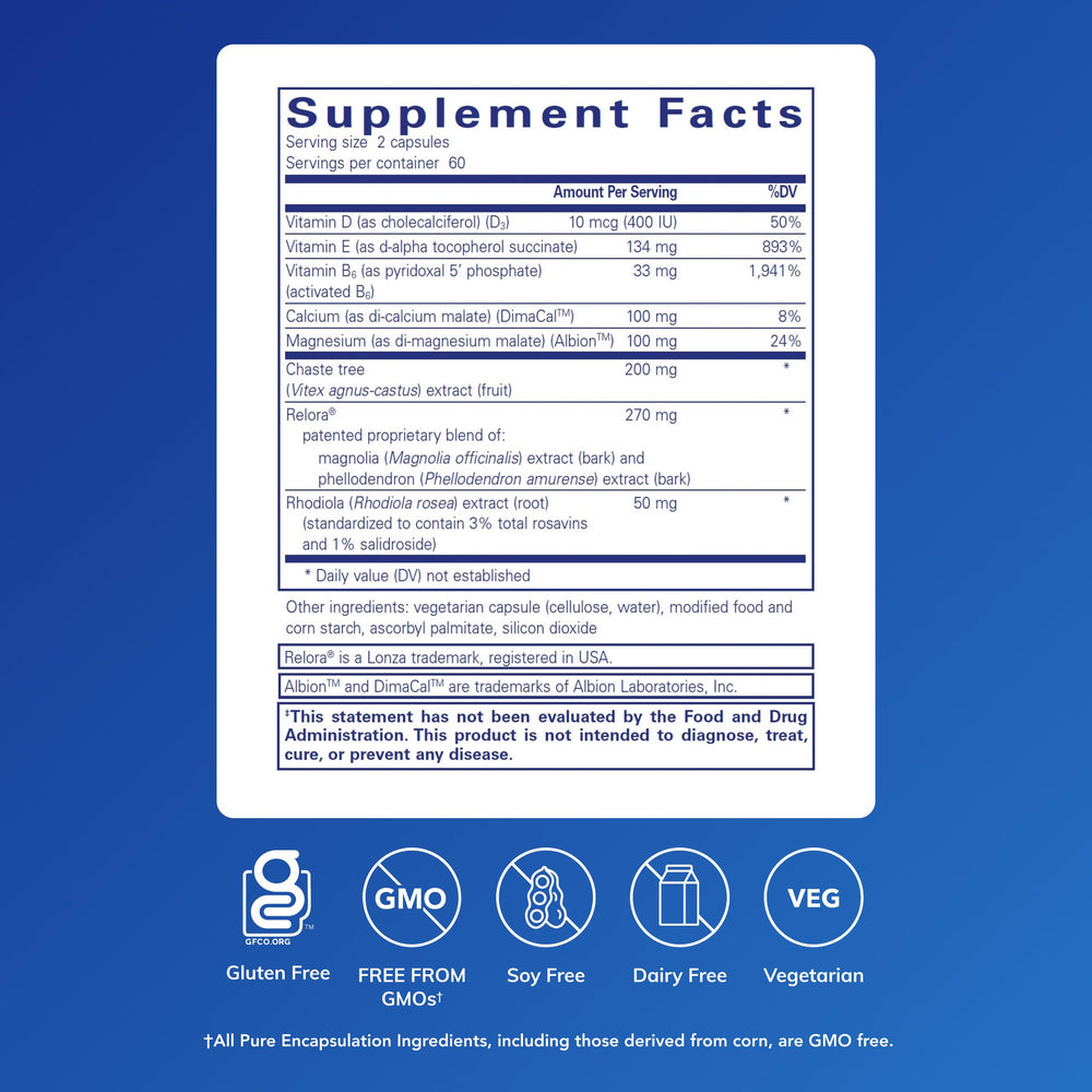 Pure Encapsulations PMS Essentials bottle back label shows allergen-free, purity-focused formula.