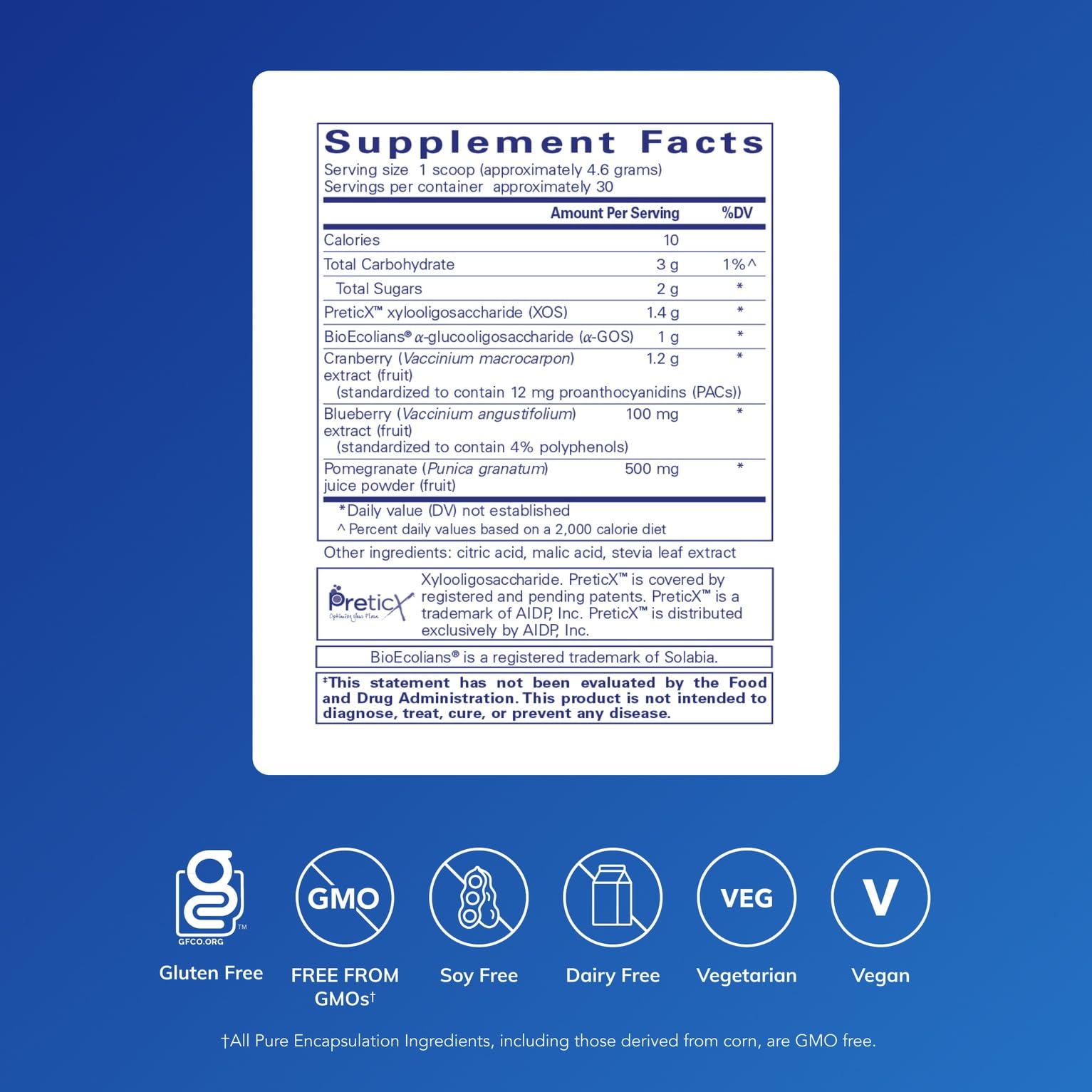Pure Encapsulations Poly-Prebiotic Powder bottle label close-up highlighting GI barrier support.