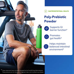 Poly-Prebiotic Powder scoop and jar illustrating serving size and texture.