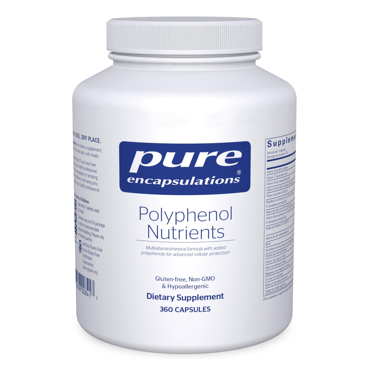 Pure Encapsulations Polyphenol Nutrients bottle for daily wellness support.