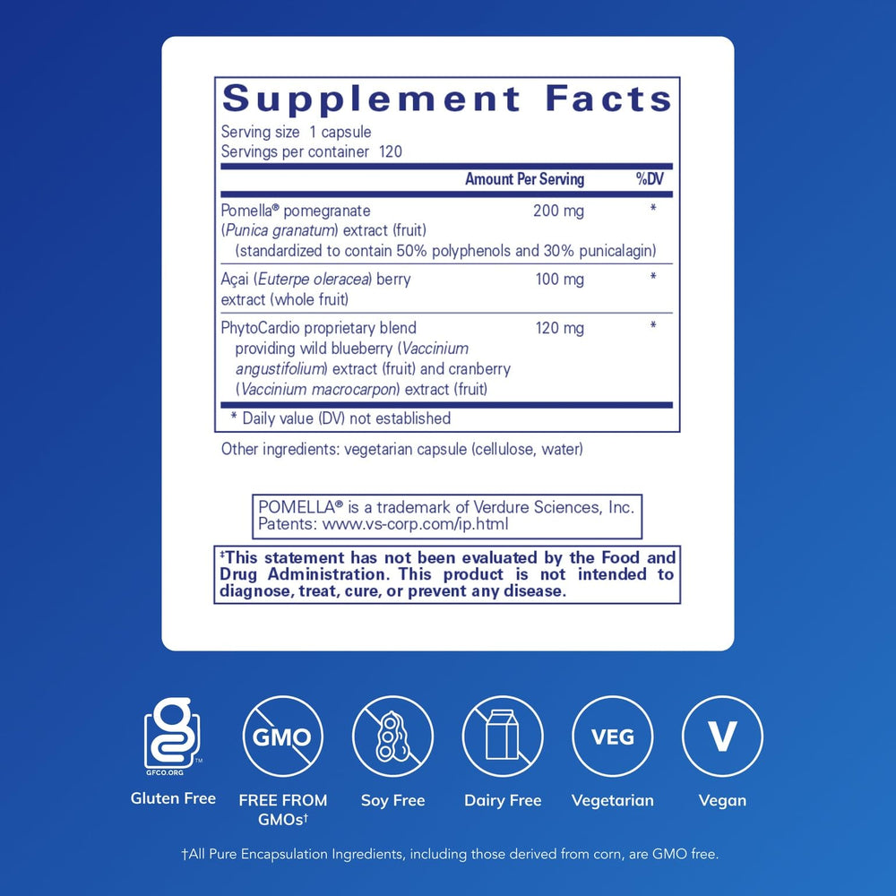 Pure Encapsulations Pomegranate Plus label closeup highlighting ingredients and purity.