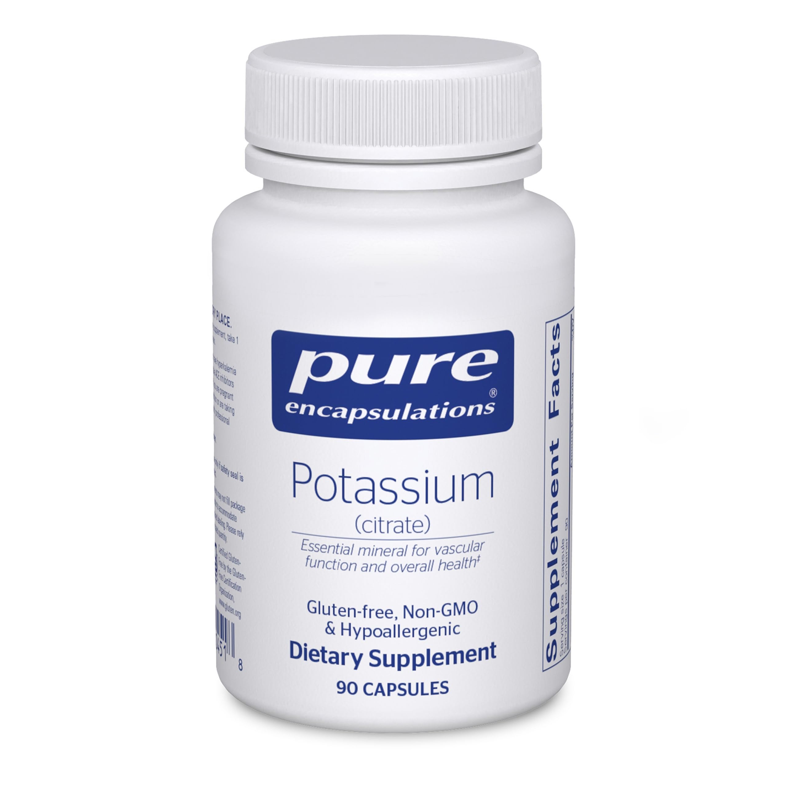 Pure Encapsulations Potassium Citrate bottle front view highlighting electrolyte support.