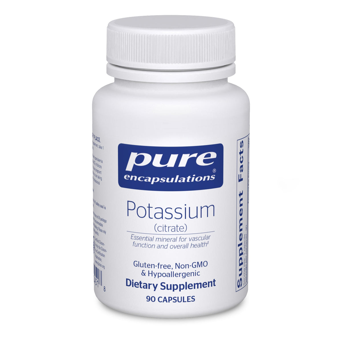 Pure Encapsulations Potassium Citrate bottle front view highlighting electrolyte support.