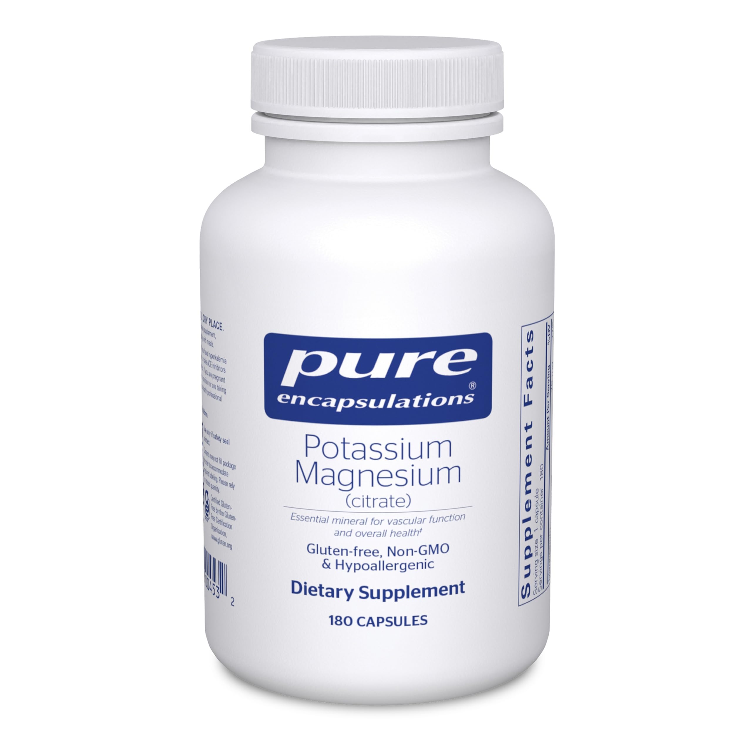 Pure Encapsulations Potassium Magnesium Citrate bottle close-up, highlighting daily mineral support