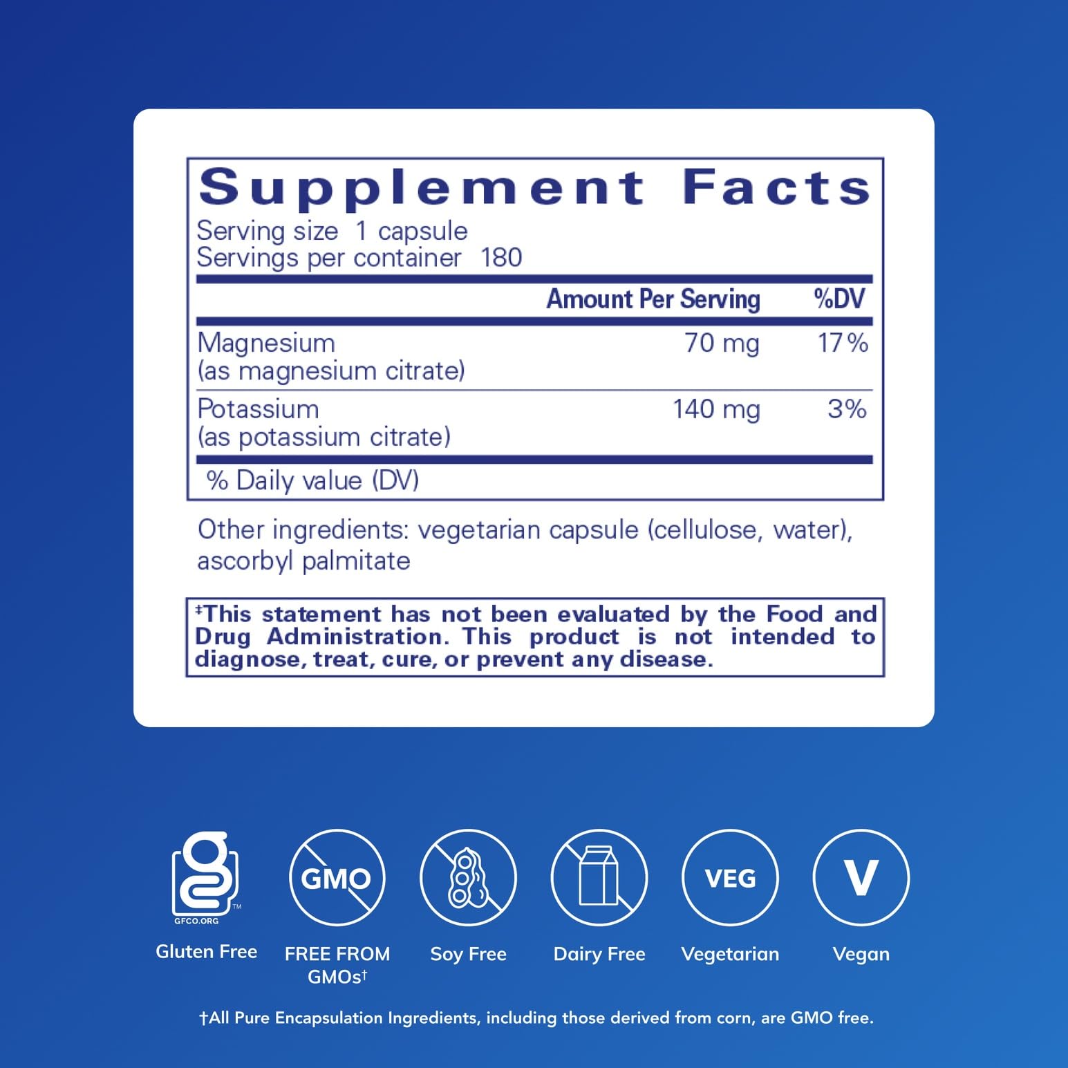 Pure Encapsulations Potassium Magnesium Citrate label detail shows gluten-free and non-GMO claims