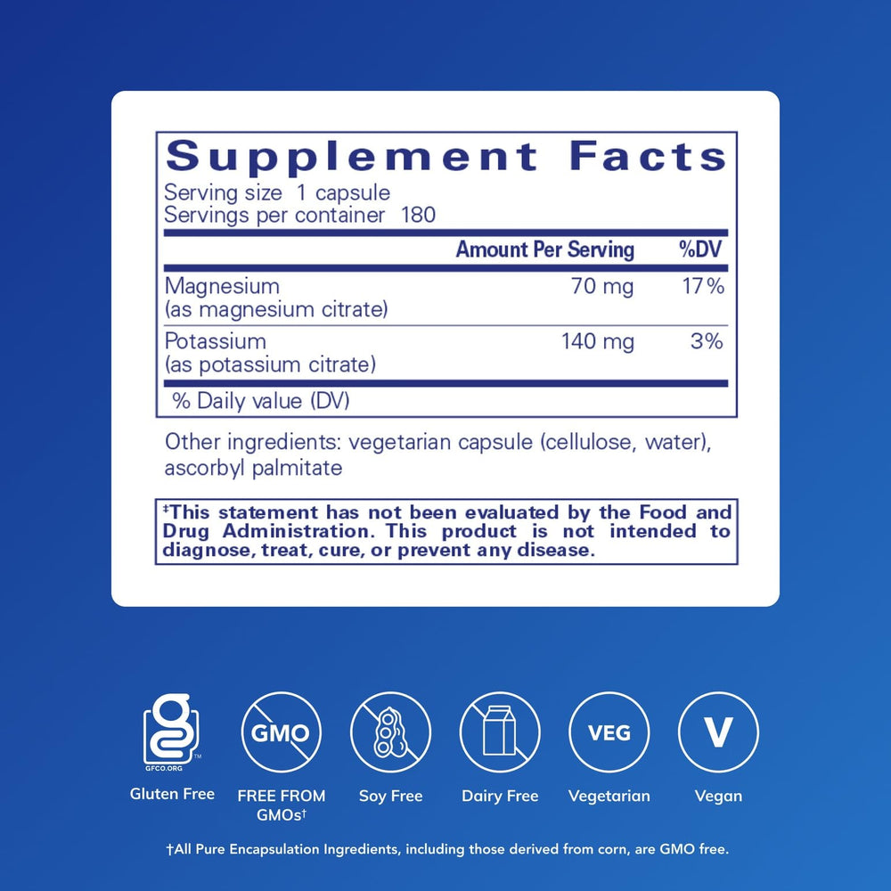 Pure Encapsulations Potassium Magnesium Citrate label detail shows gluten-free and non-GMO claims