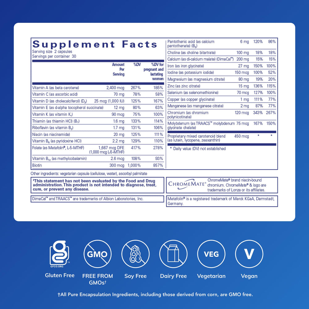 Pure Encapsulations PreNatal label closeup highlighting folate and iron for energy support.