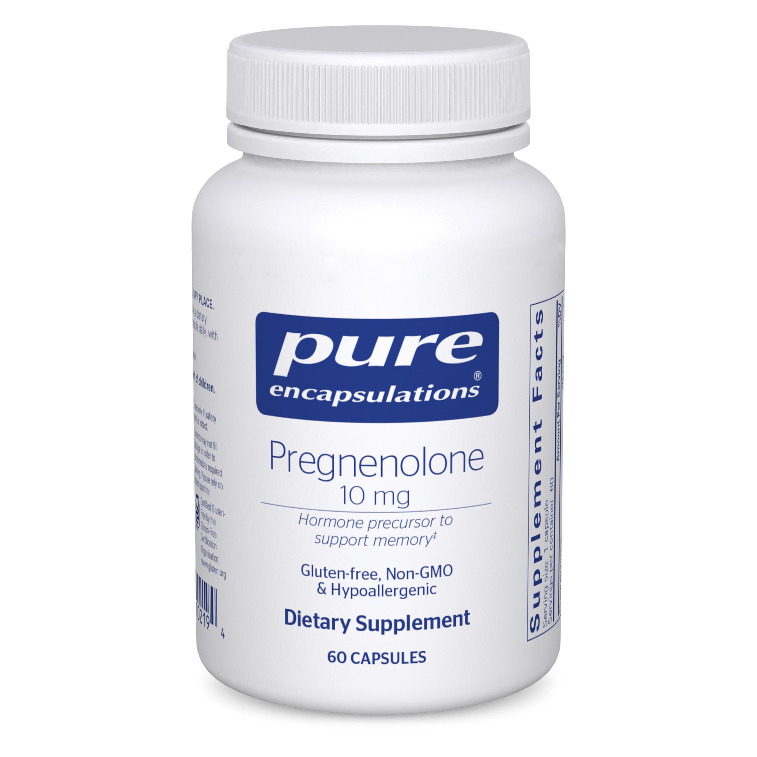Pure Encapsulations Pregnenolona 10 mg en botella, apoyo a la memoria diaria.
