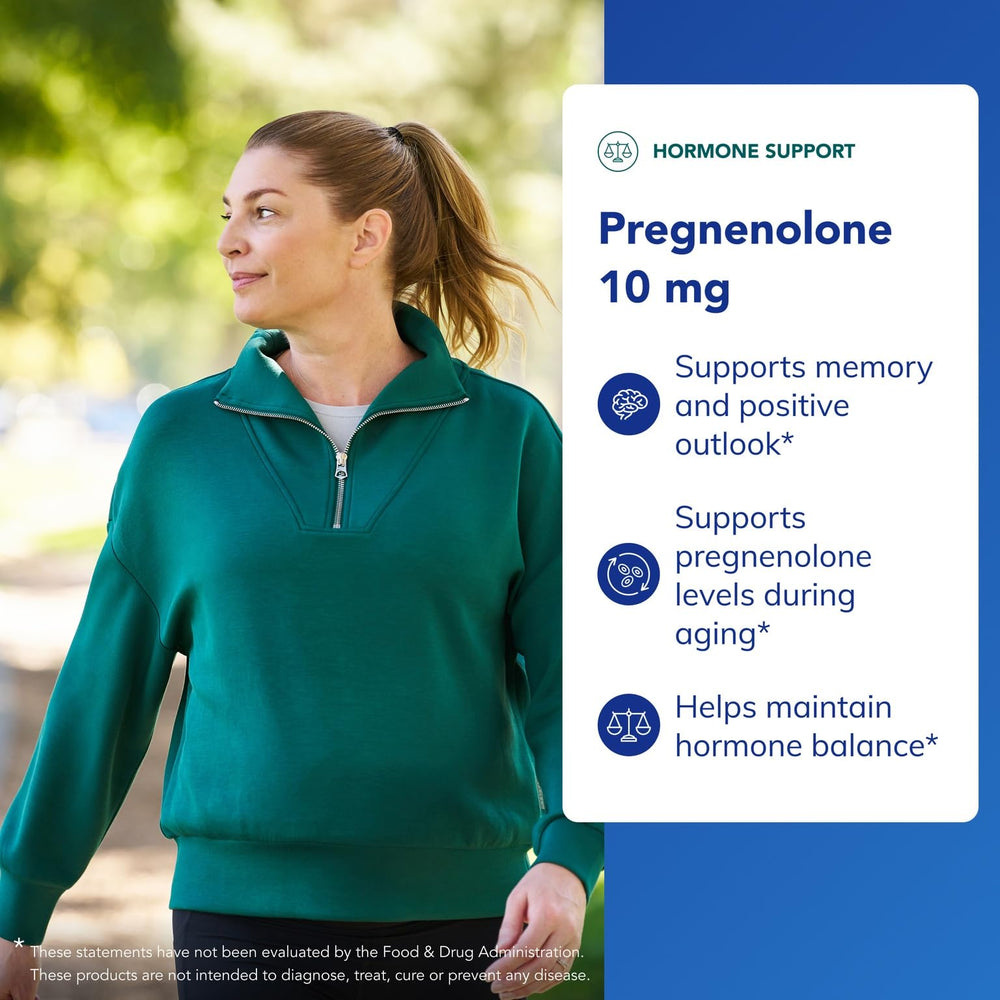 Etiqueta de Pure Encapsulations Pregnenolona 10 mg, información clara sin OGM.