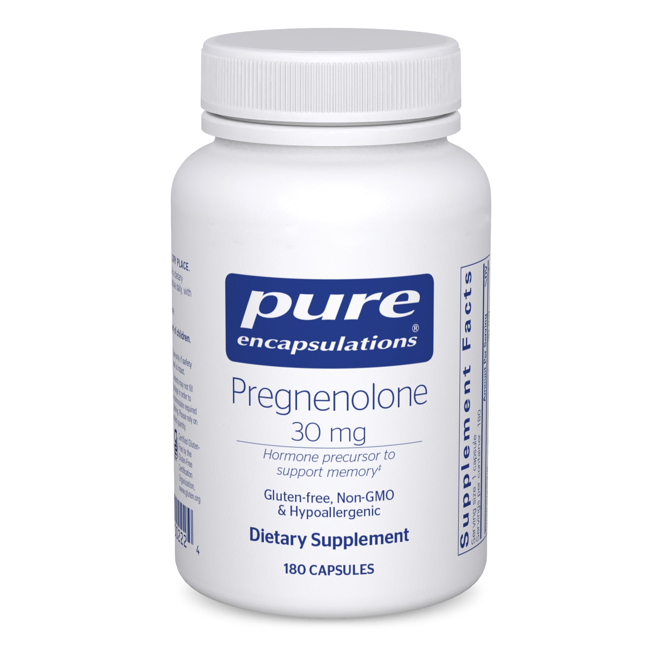 Pure Encapsulations Pregnenolone 30 mg bottle for hormonal balance and overall wellness.