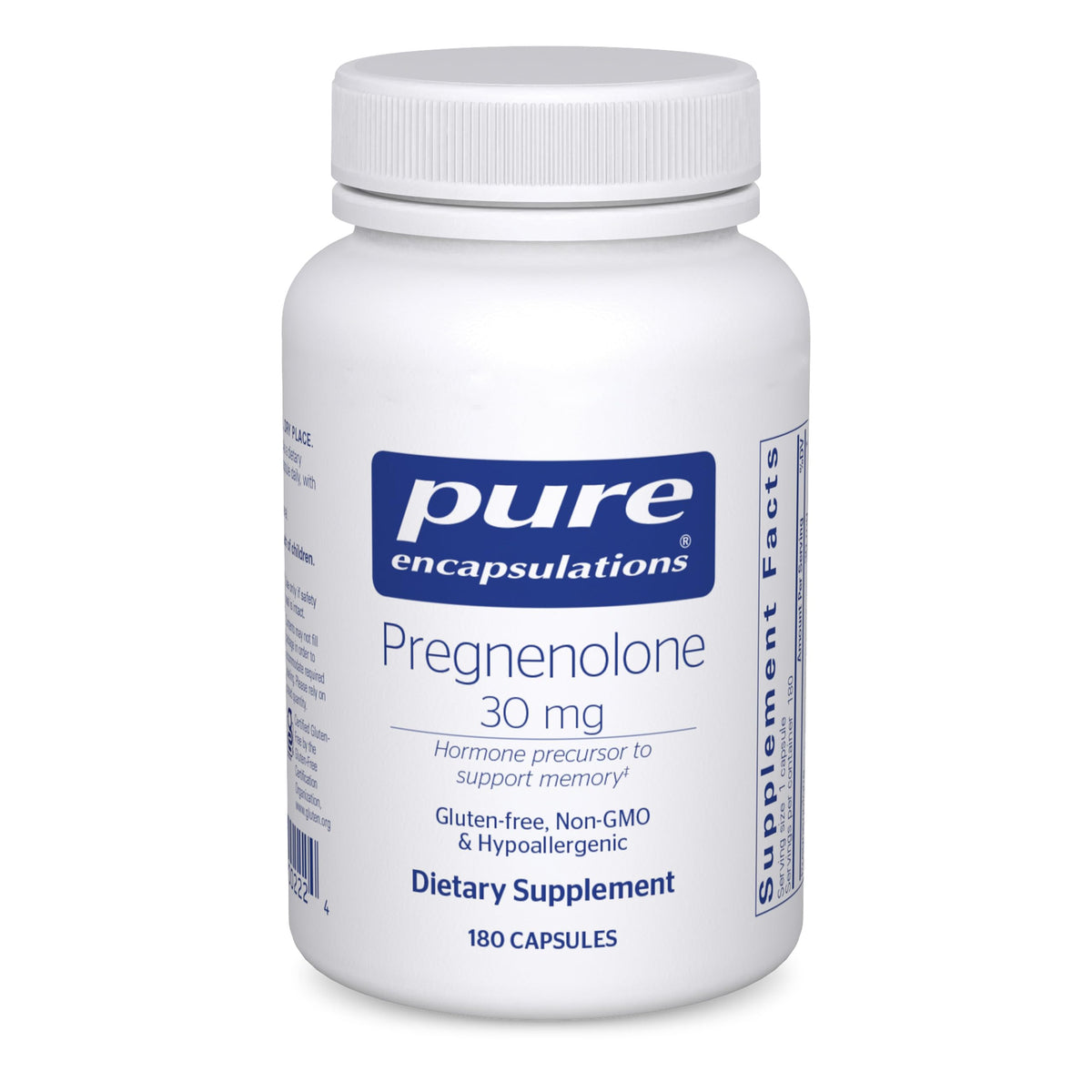 Pure Encapsulations Pregnenolone 30 mg bottle for hormonal balance and overall wellness.