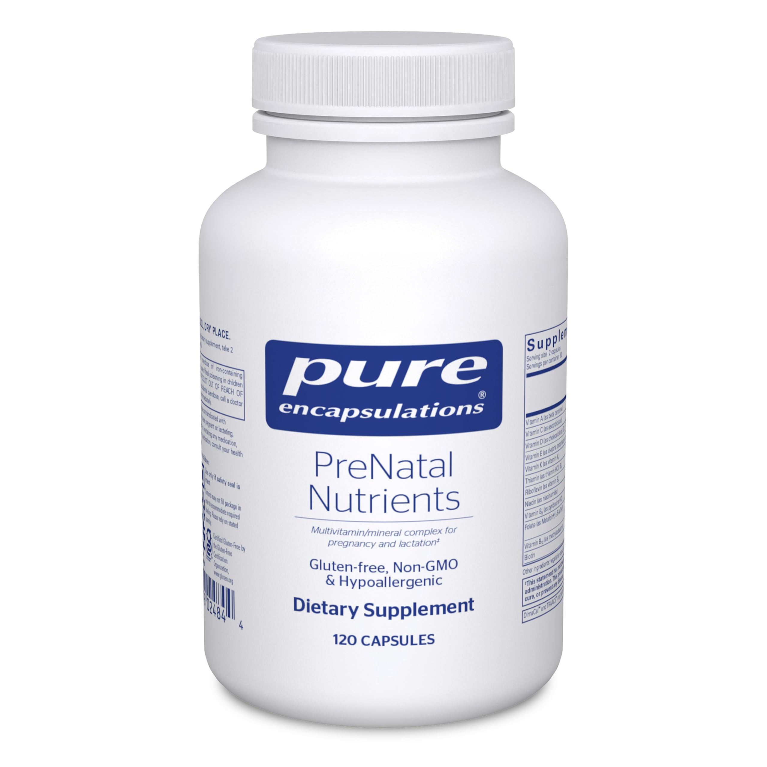 Pure Encapsulations Prenatal Nutrients bottle close-up showing energy support.
