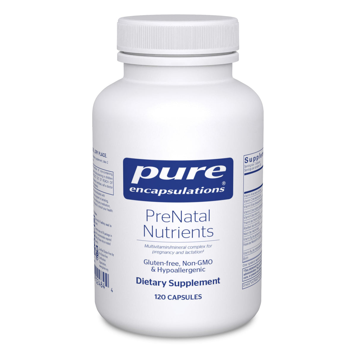 Pure Encapsulations Prenatal Nutrients bottle close-up showing energy support.