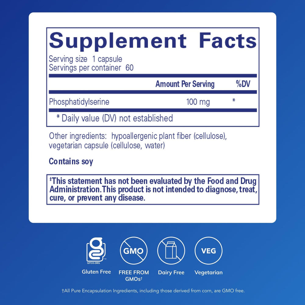 Pure Encapsulations PS 100 bottle back view lists ingredients for informed daily use.