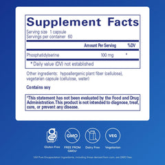 Pure Encapsulations PS 100 bottle back view lists ingredients for informed daily use.