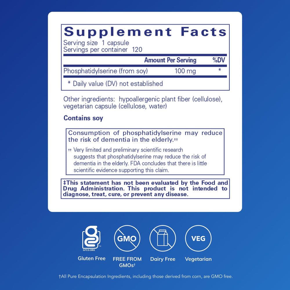 PS 100 capsules close-up showing easy-to-swallow brain health supplement