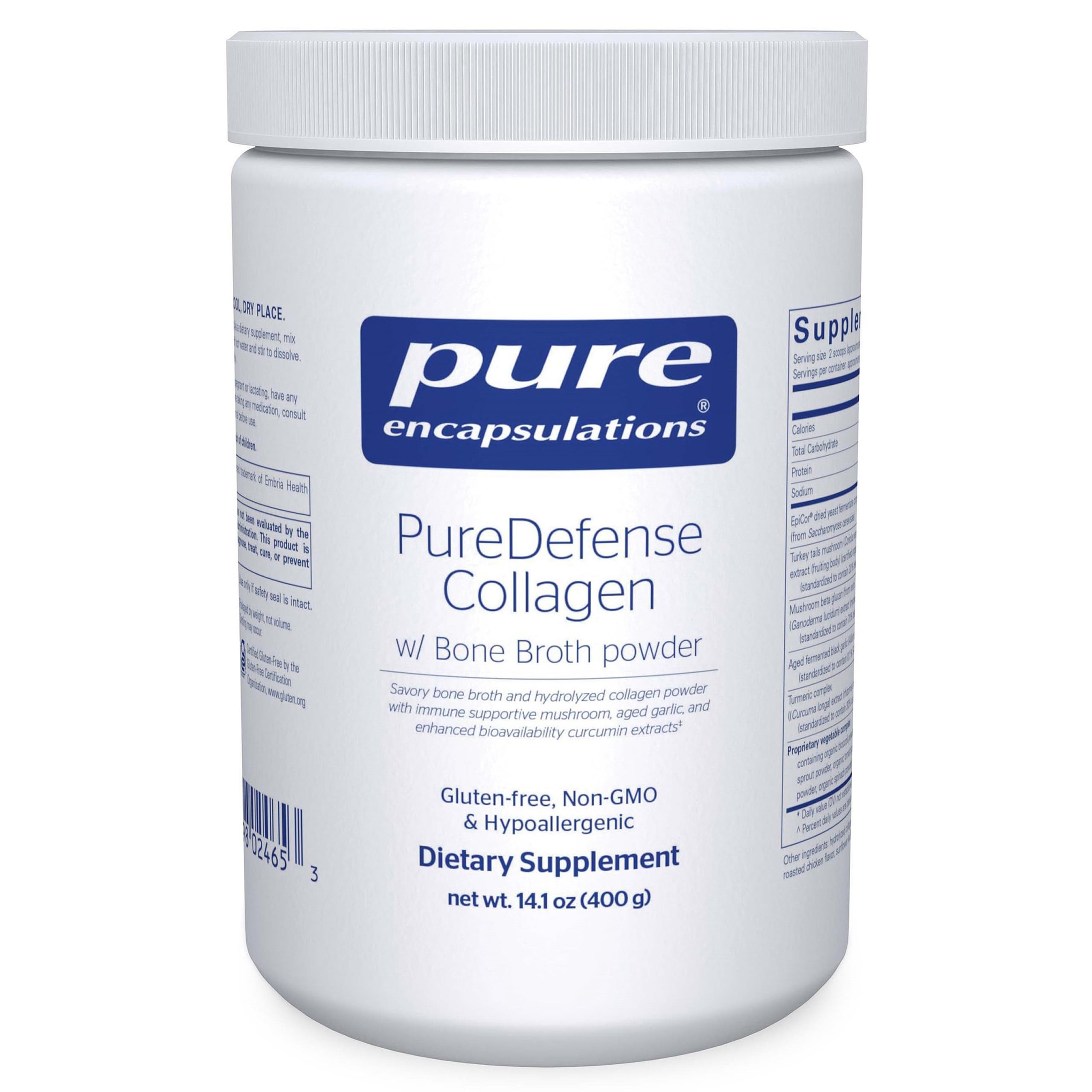 Pure Encapsulations PureDefense Collagen bottle and bone broth for savory flavor and daily wellness.