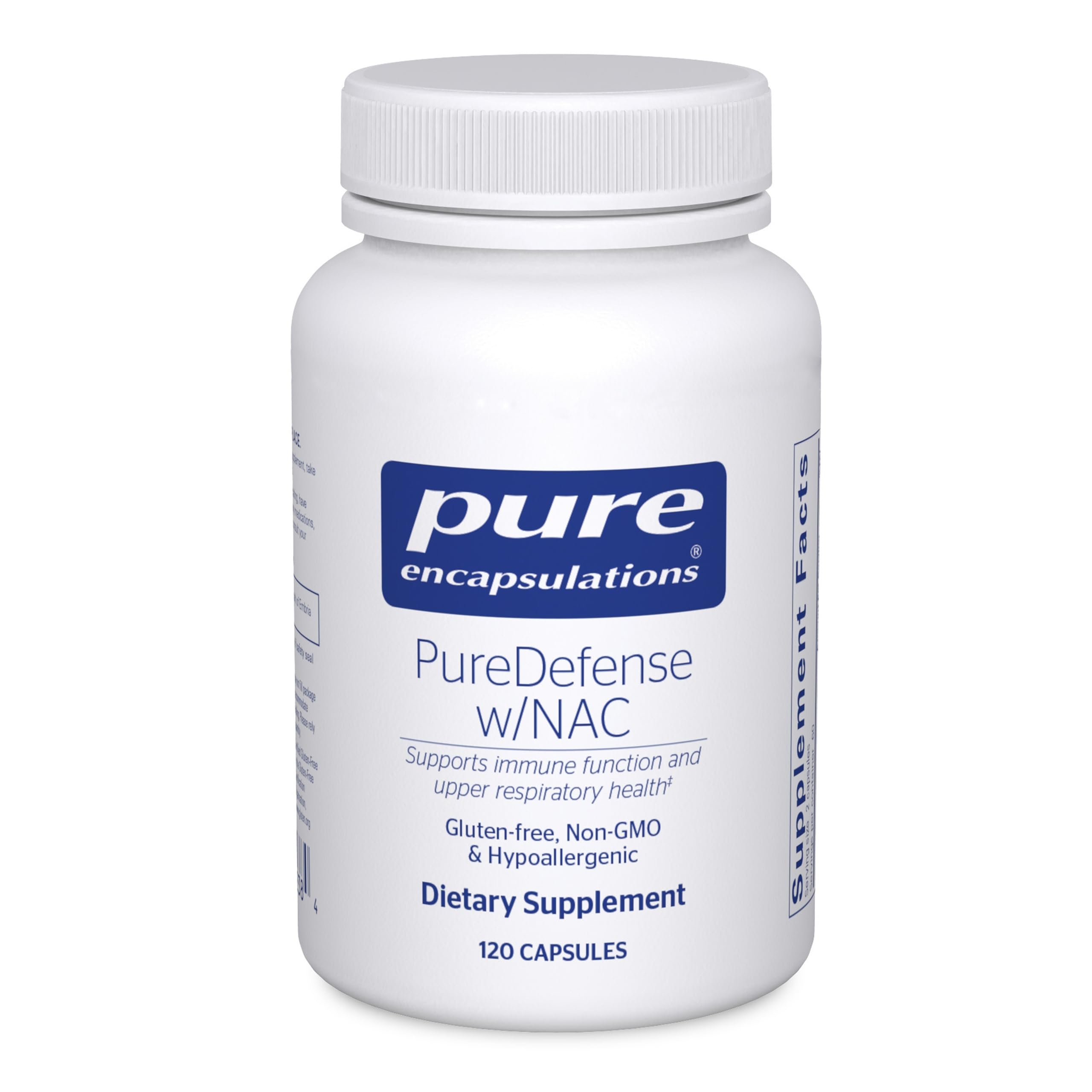 Pure Encapsulations PureDefense with NAC bottle front signaling daily immune support potential.