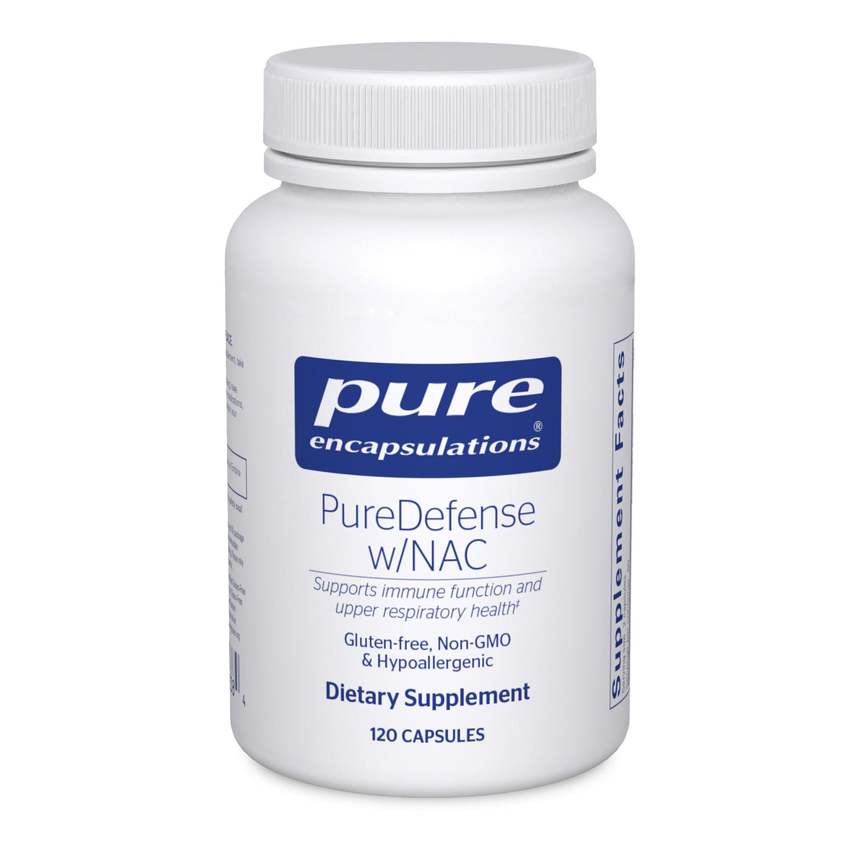 Pure Encapsulations PureDefense with NAC bottle front signaling daily immune support potential.
