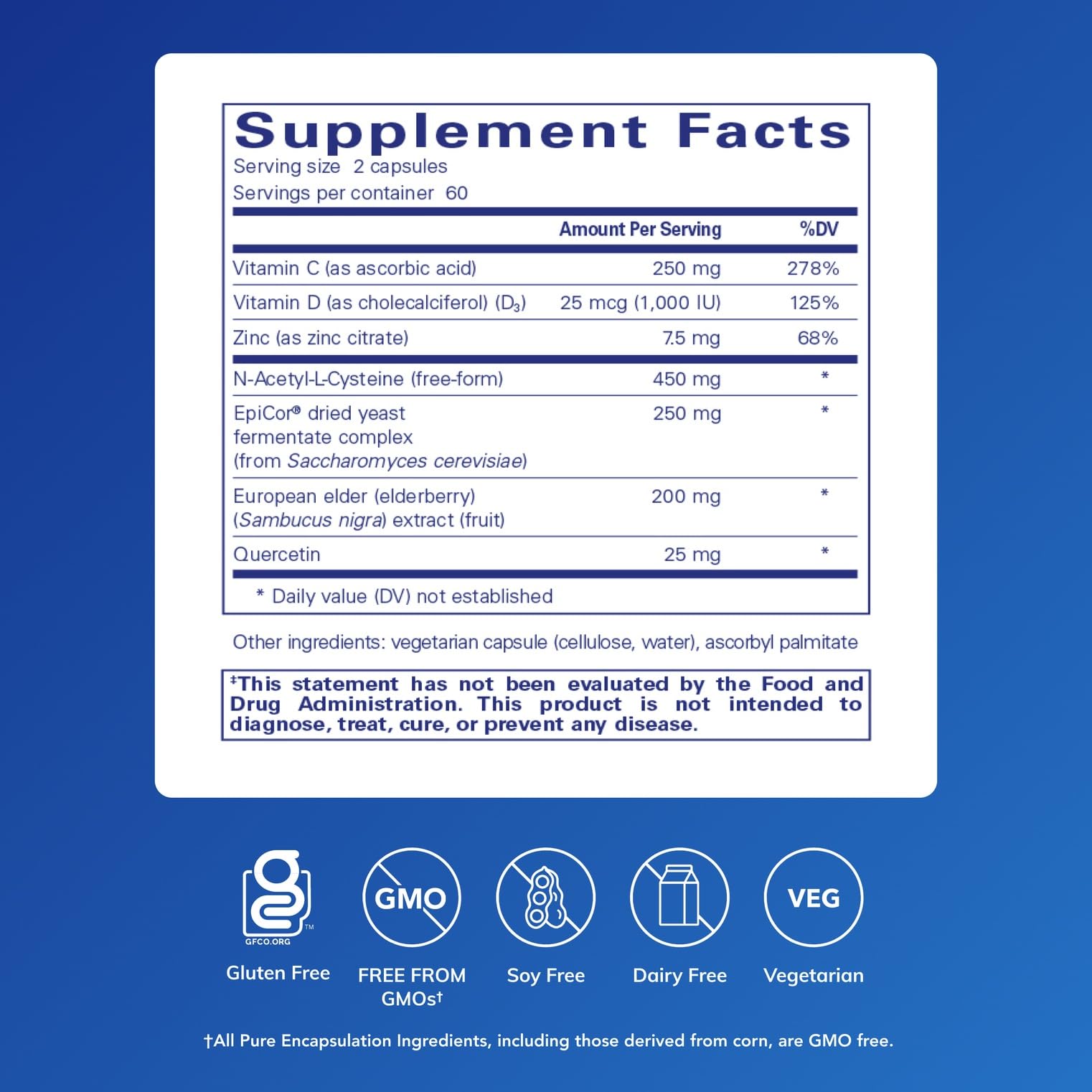 Pure Encapsulations PureDefense label closeup shows ingredients for upper respiratory health potential.