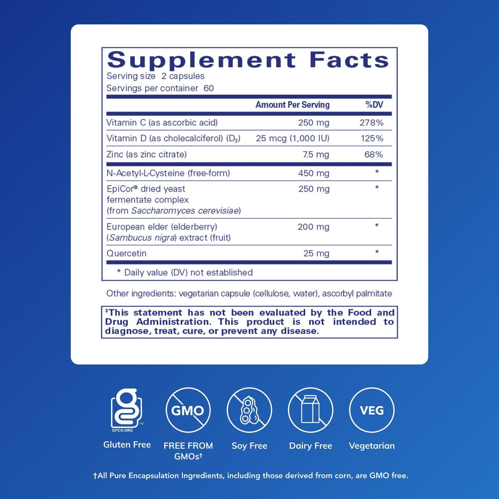Pure Encapsulations PureDefense label closeup shows ingredients for upper respiratory health potential.