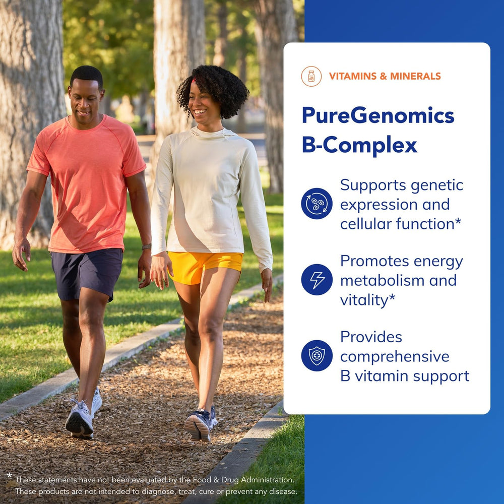 PureGenomics B-Complex bottle with B12 blend emphasizing methylation support.