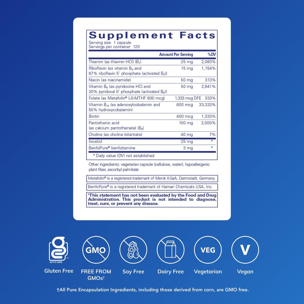 Pure Encapsulations PureGenomics B-Complex capsules closeup highlighting activated vitamins.
