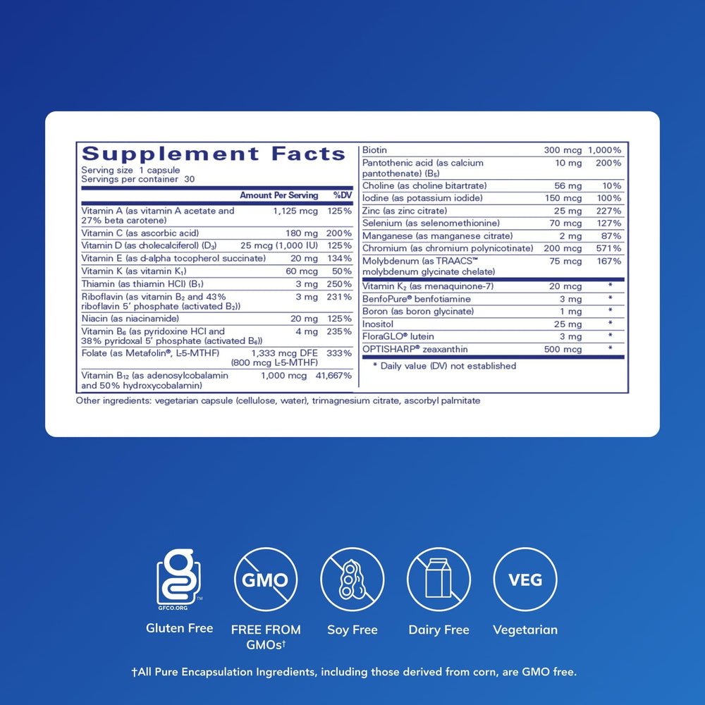 PureGenomics bottle back with ingredient details for balanced daily nutrition