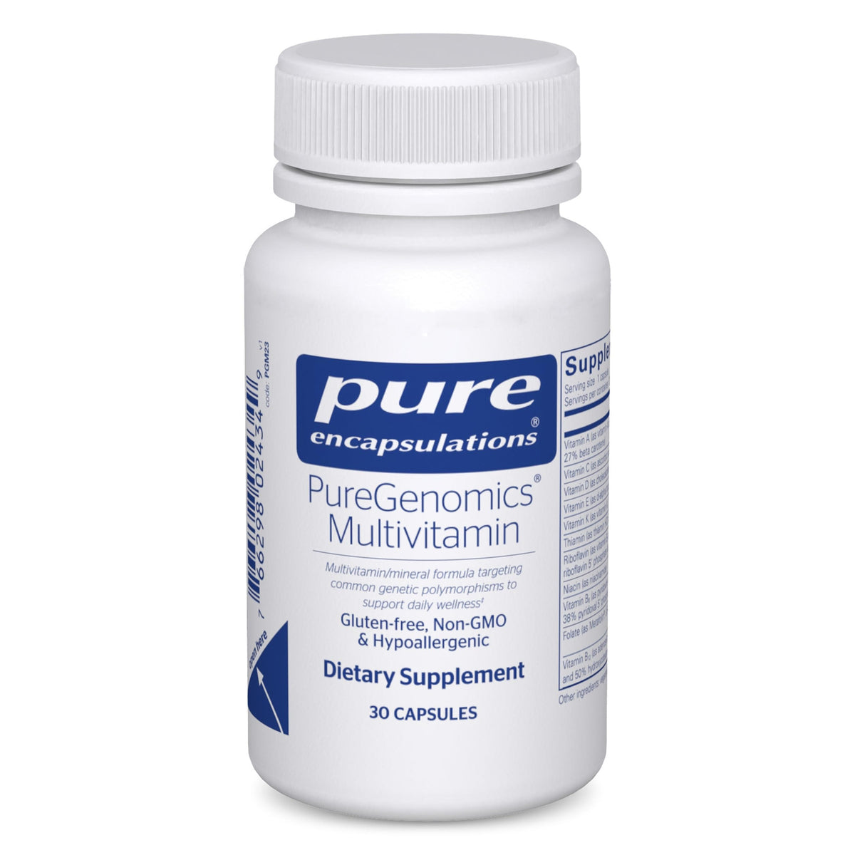 PureGenomics multivitamin bottle front by Pure Encapsulations showing comprehensive nutrient blend for daily wellness