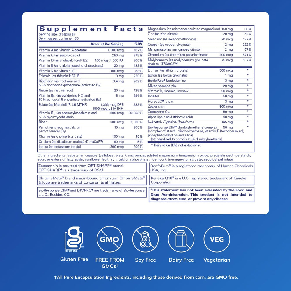 Close-up of PureGenomics UltraMultivitamin capsules highlighting targeted nutrition benefits