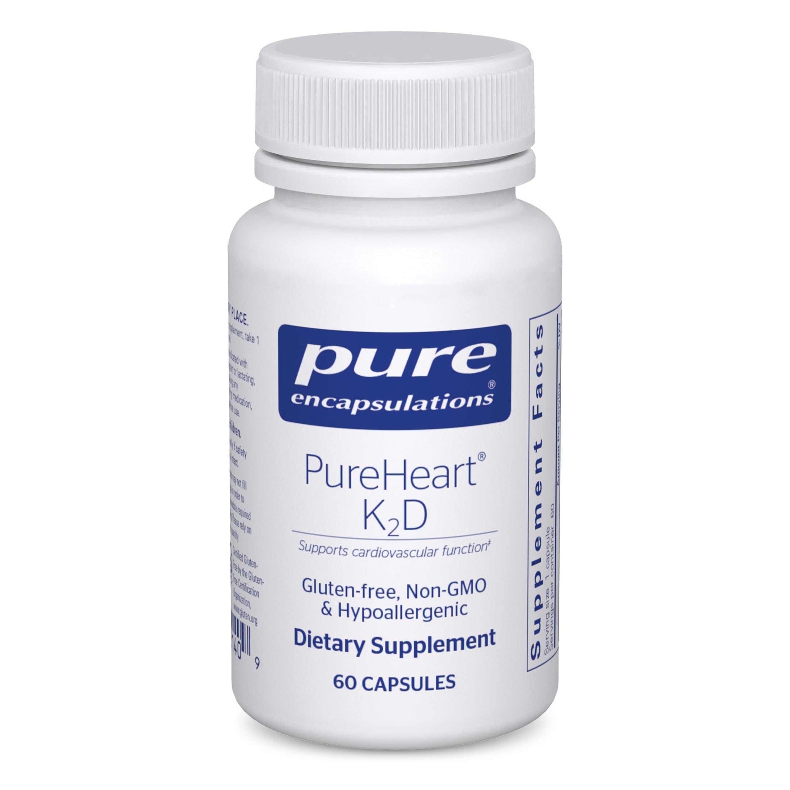 Pure Encapsulations PureHeart K2D bottle with label highlights vitamin D3 and MK-7 for heart support.
