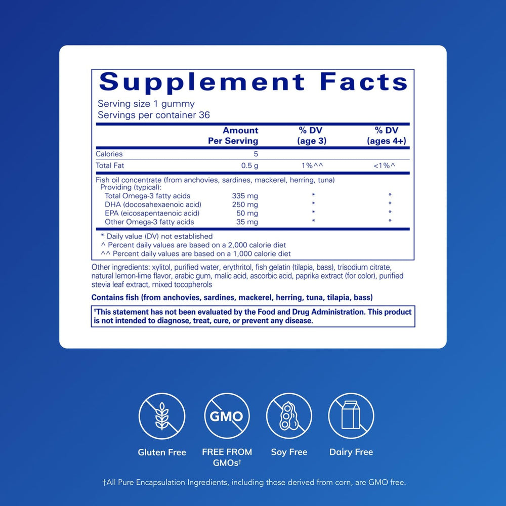 Pure Encapsulations PureNutrients EPA/DHA Gummy close-up of lemon-lime gummies promoting daily wellness.