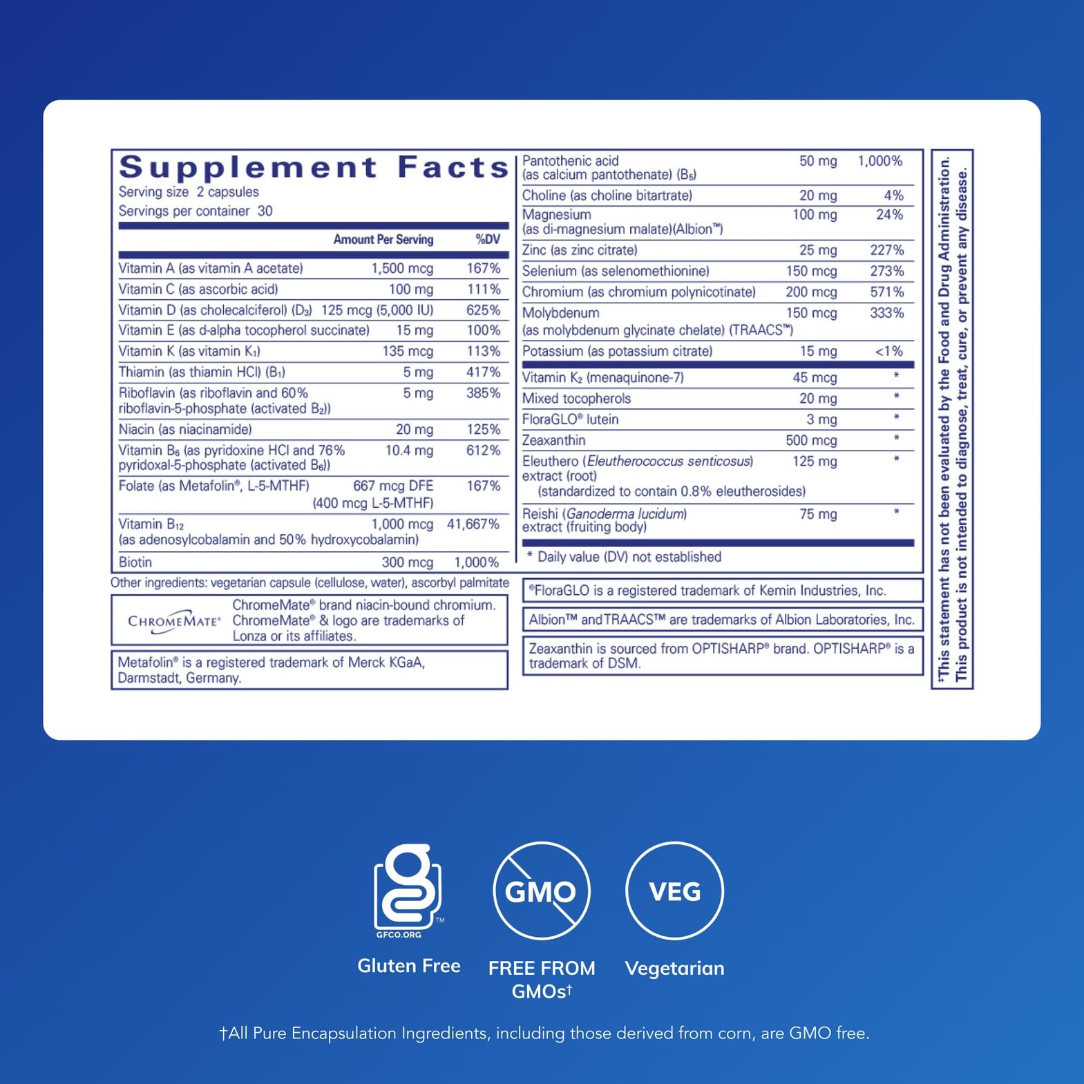 Pure Encapsulations PureResponse Multivitamin label closeup highlights premium ingredients.