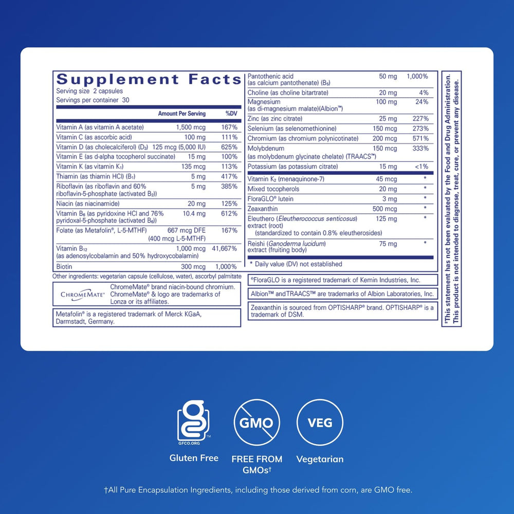 Pure Encapsulations PureResponse Multivitamin label closeup highlights premium ingredients.