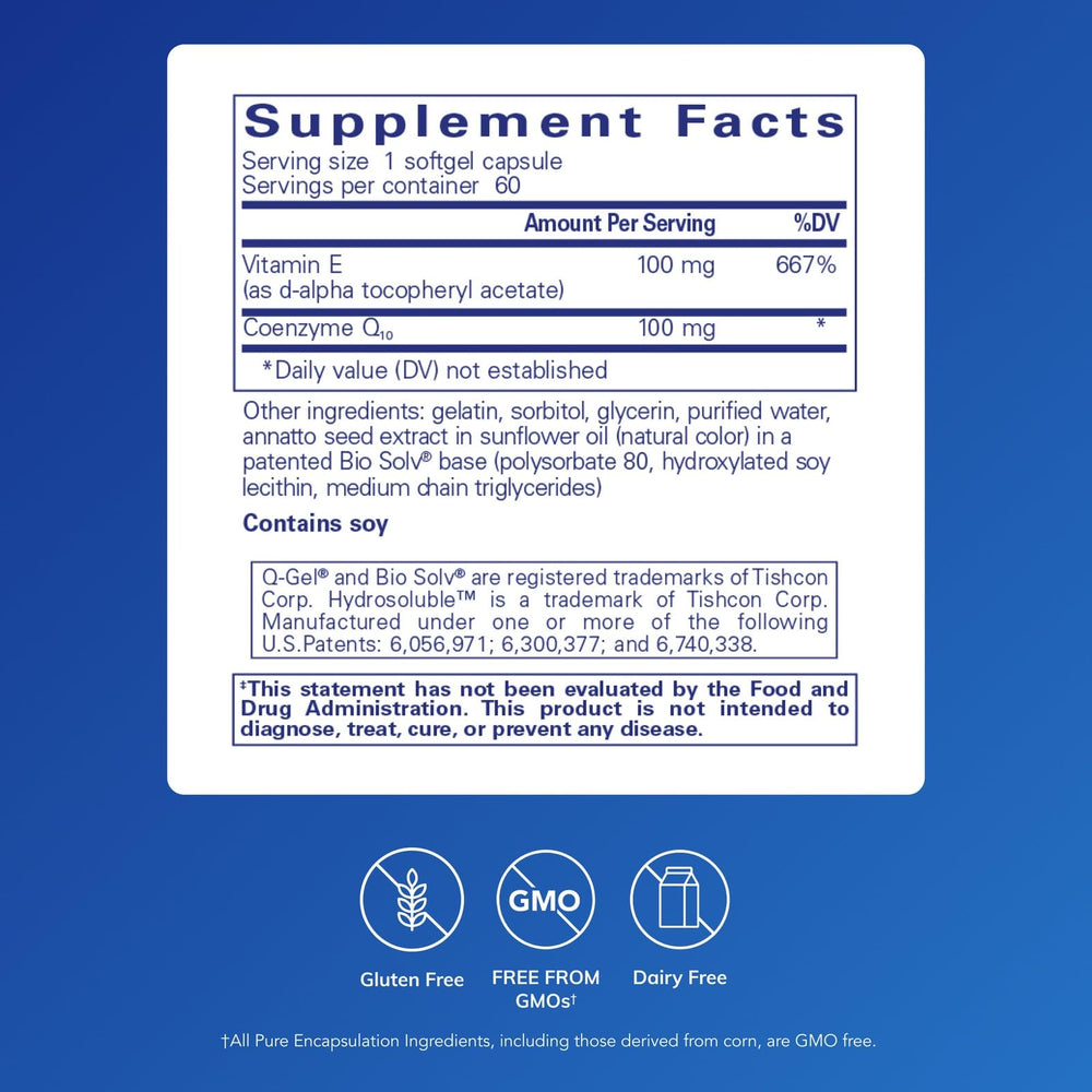 Pure Encapsulations Q-Gel 100 bottle with label highlights premium CoQ10.
