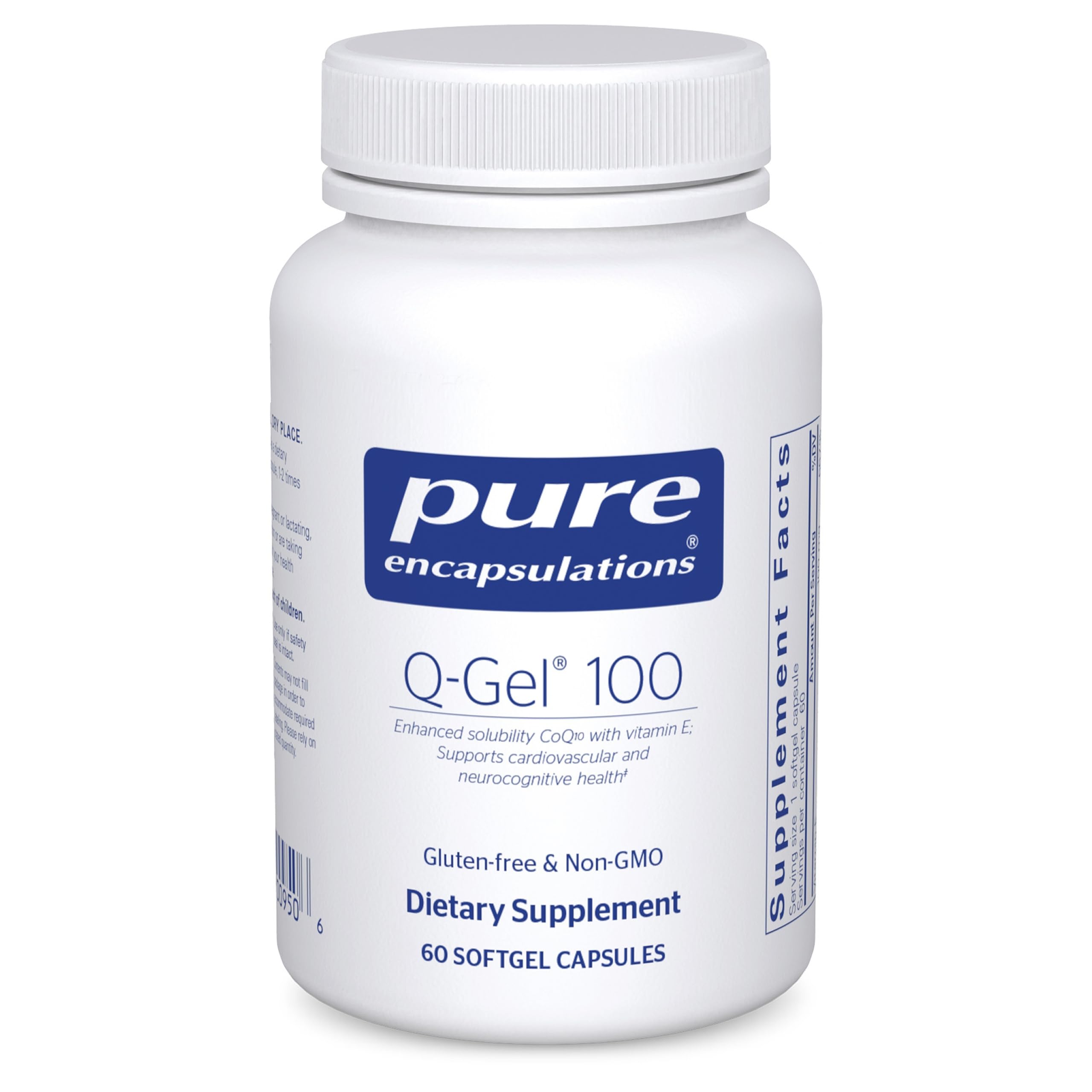 Pure Encapsulations Q-Gel 100 softgel capsules shown for enhanced absorption.