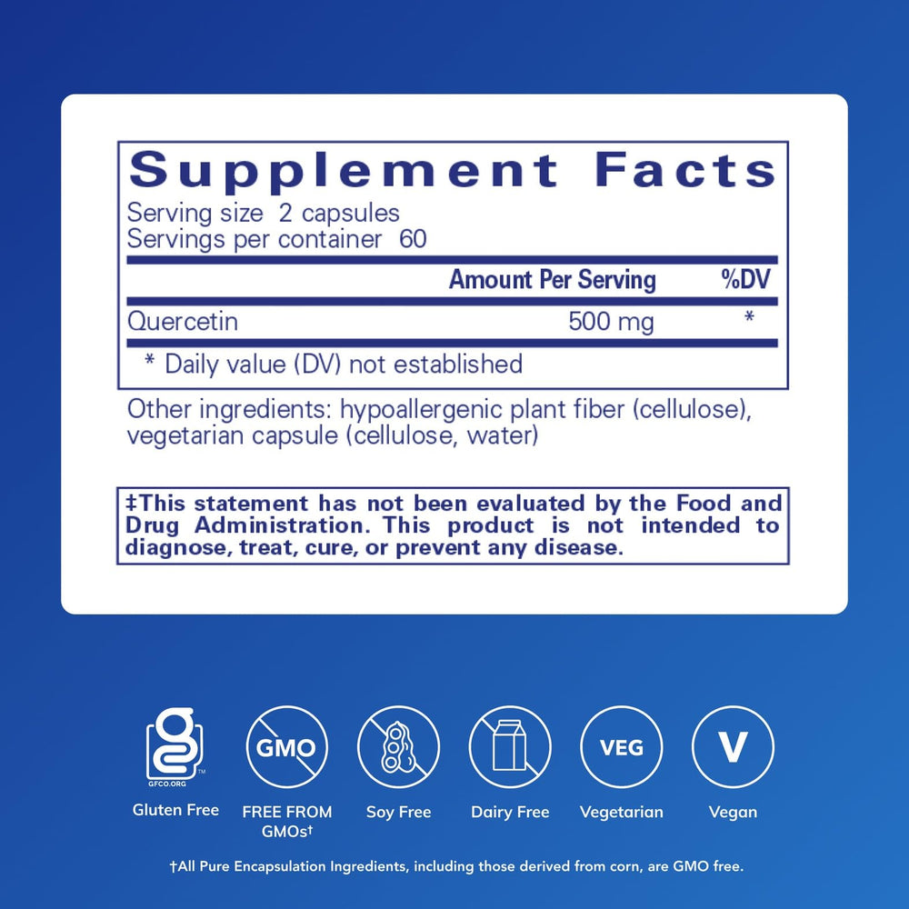 Close-up of Quercetin capsules highlighting 500 mg per serving for antioxidant support