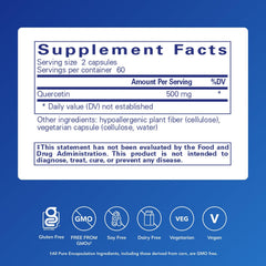 Close-up of Quercetin capsules highlighting 500 mg per serving for antioxidant support