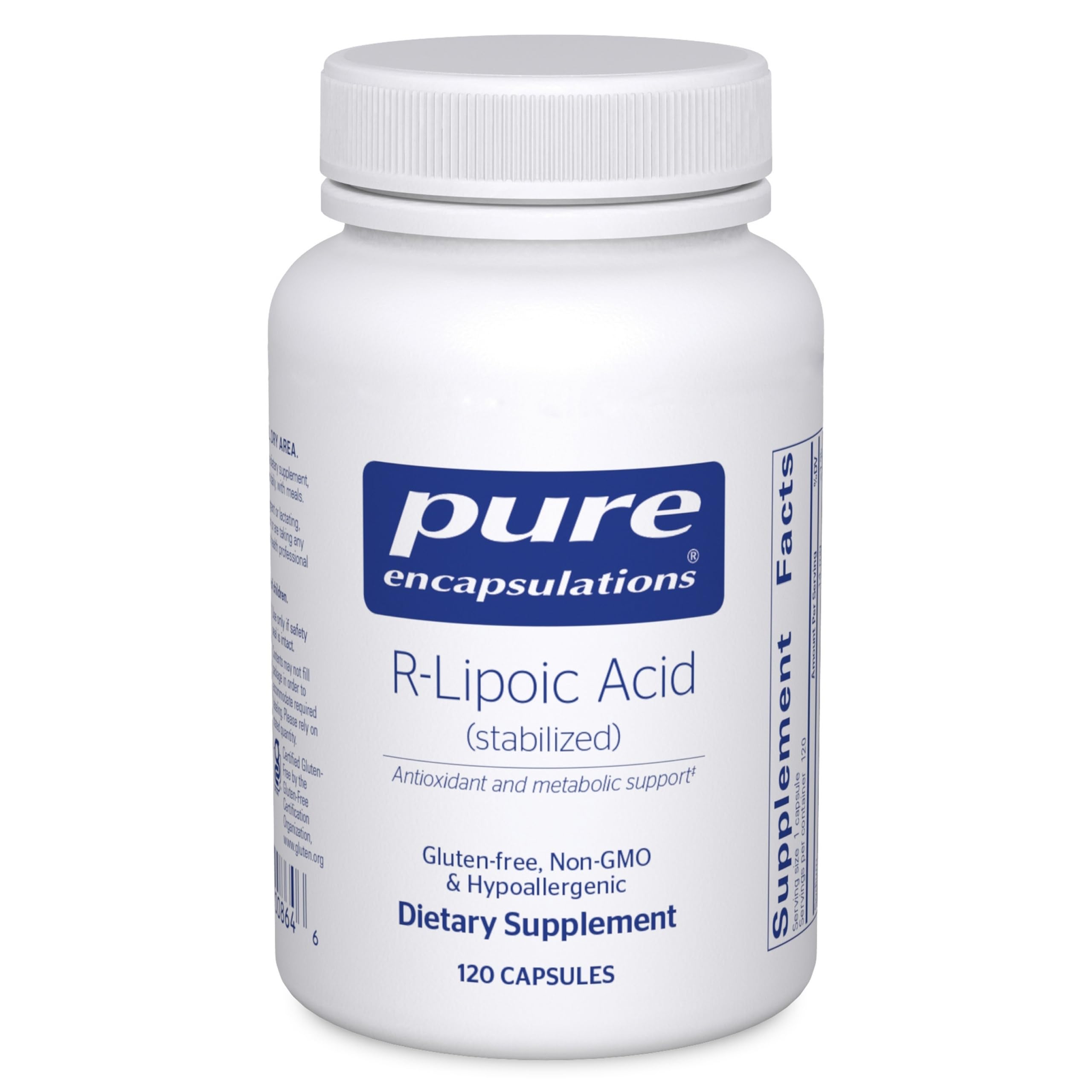 Pure Encapsulations R-Lipoic Acid Stabilized bottle front highlighting antioxidant support.