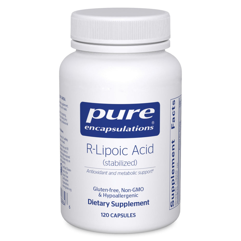 Pure Encapsulations R-Lipoic Acid Stabilized bottle front highlighting antioxidant support.