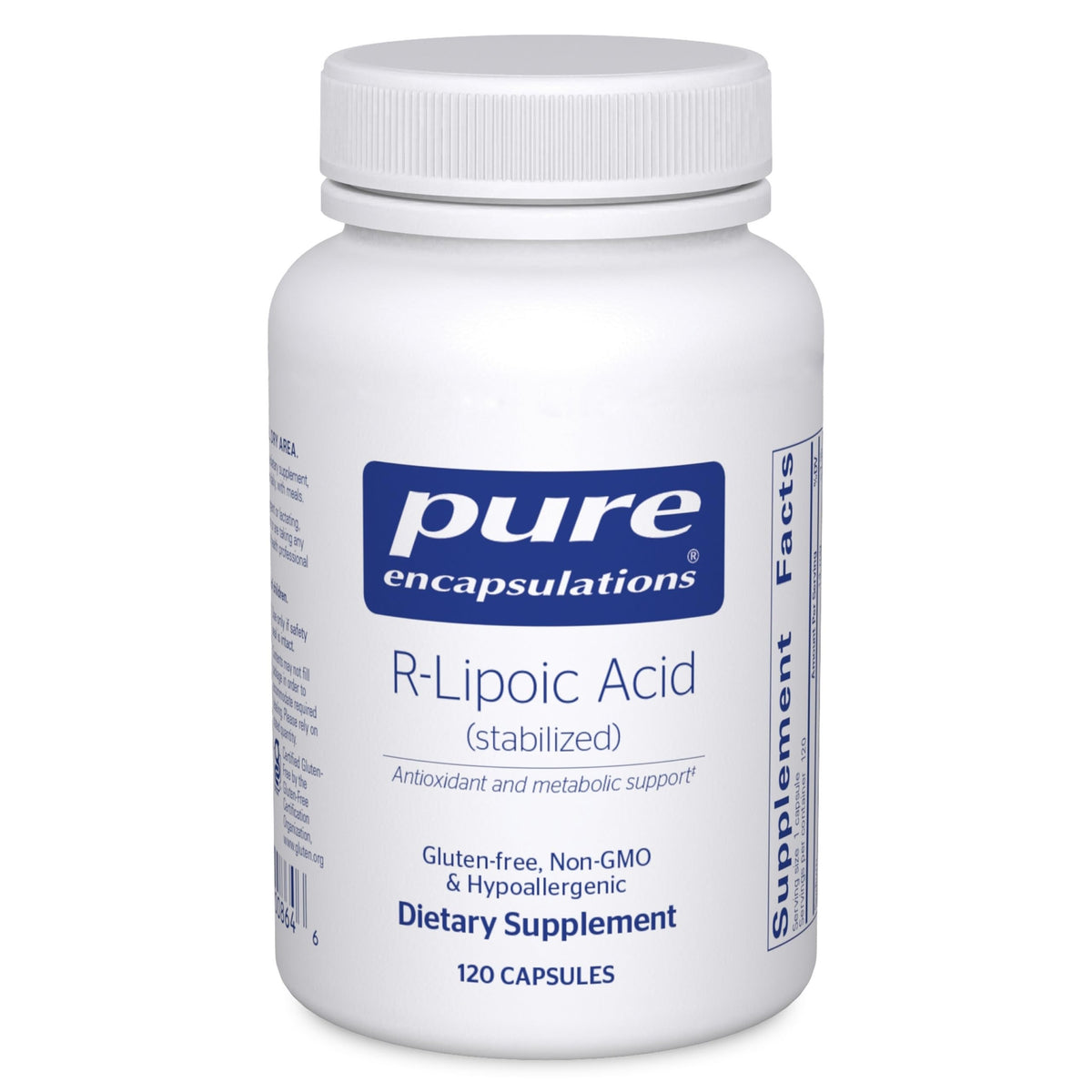 Pure Encapsulations R-Lipoic Acid Stabilized bottle front highlighting antioxidant support.