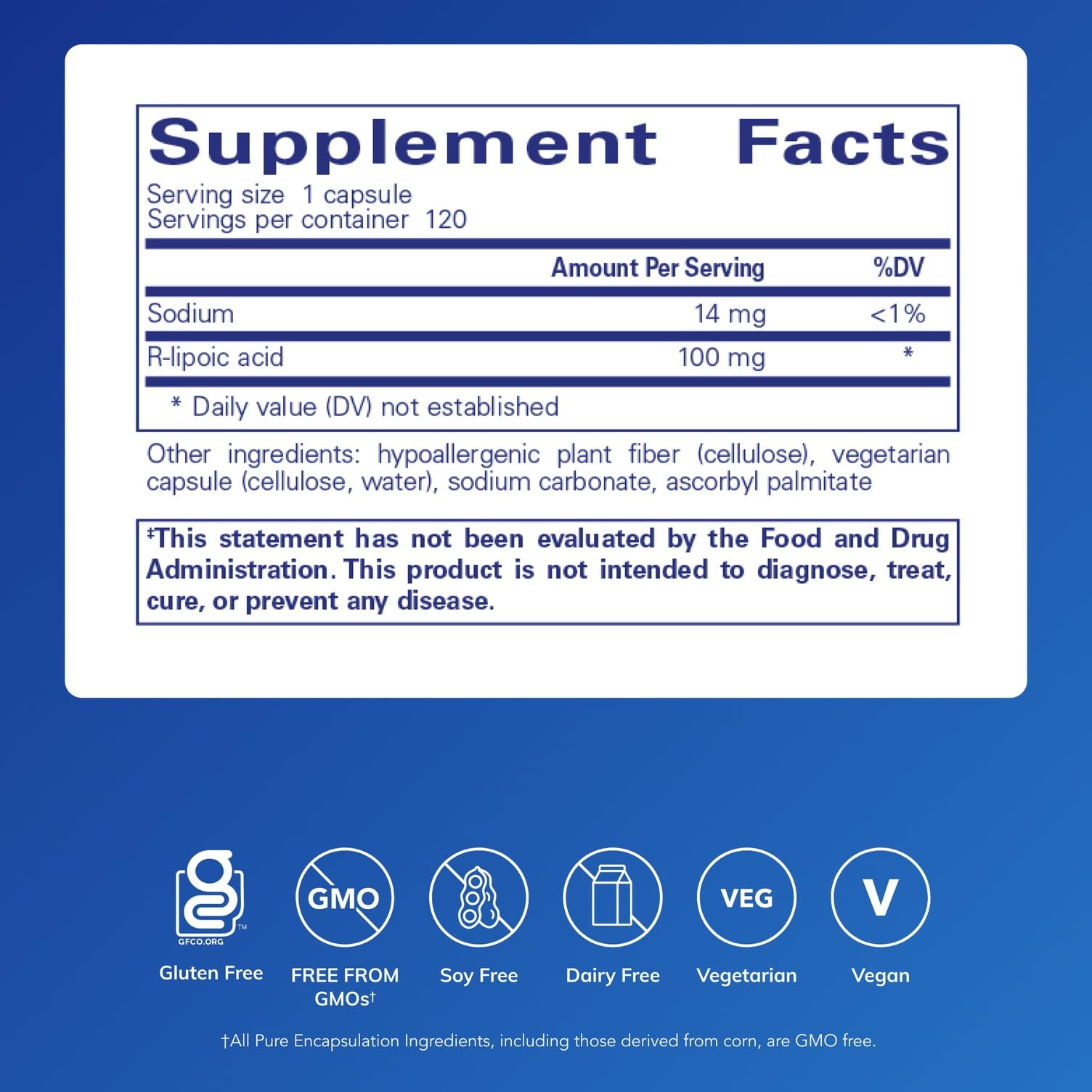 Capsules of Pure Encapsulations R-Lipoic Acid Stabilized for daily antioxidant use.