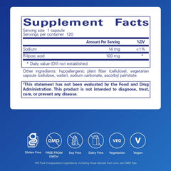 Capsules of Pure Encapsulations R-Lipoic Acid Stabilized for daily antioxidant use.